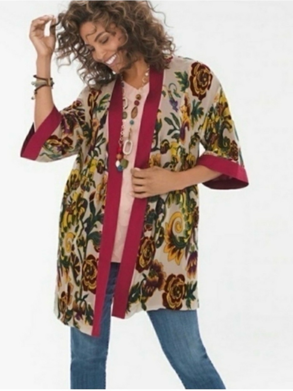 Chicos Heritage Floral Burnout Cardigan Kimono Silk Blend Boho NWT $198 S/Med